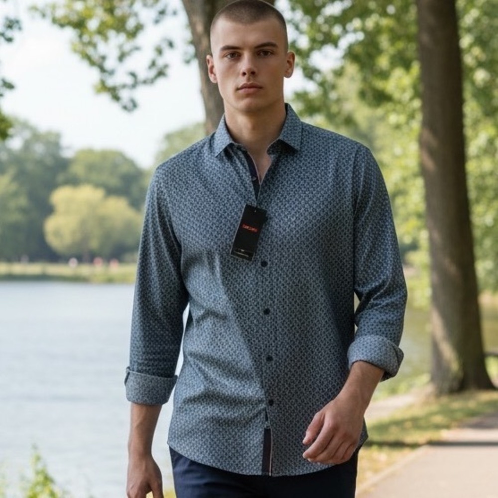 Silver Stone Collection Mens Modern Fit Geometric Print Button Down Shirt LSWG-6